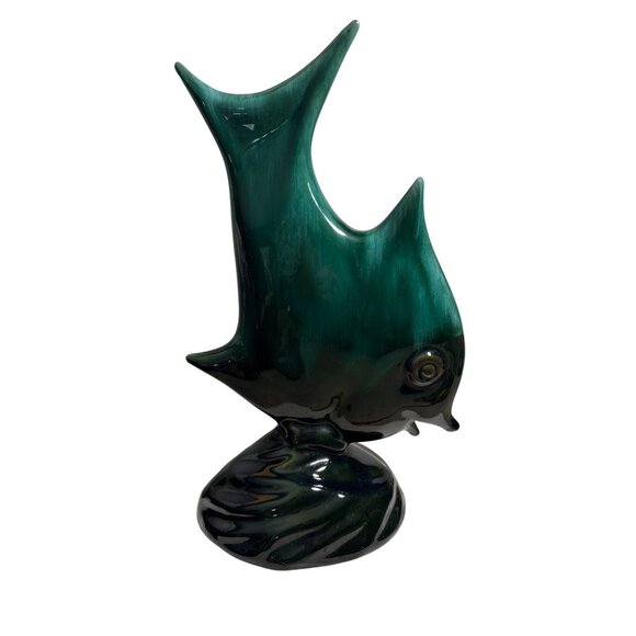 Evangeline Pottery Angel Fish Figure Black Green Drip Glaze 11.75" MCM Stunning - Picture 2 of 11
